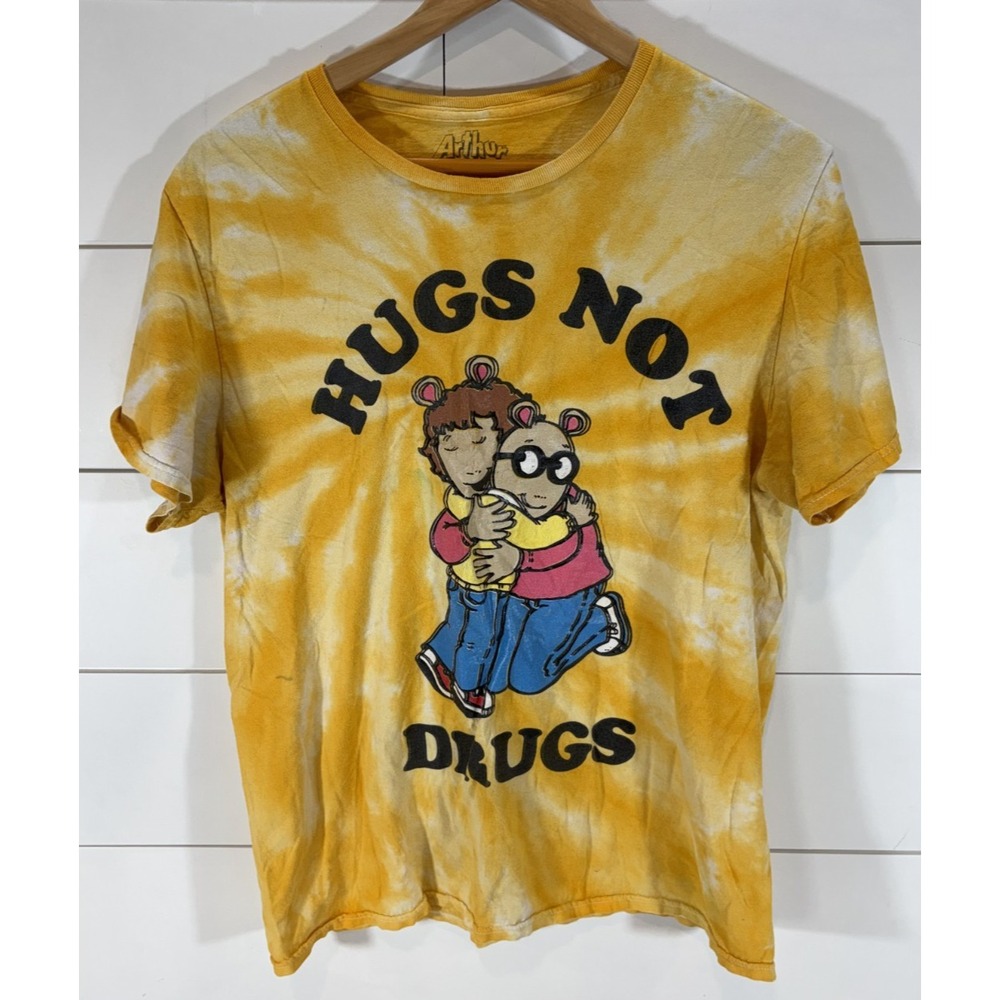 Arthur 'Hugs Not Drugs' T-Shirt Size Adult Large Yellow Tie Dye Marc Brown Tee